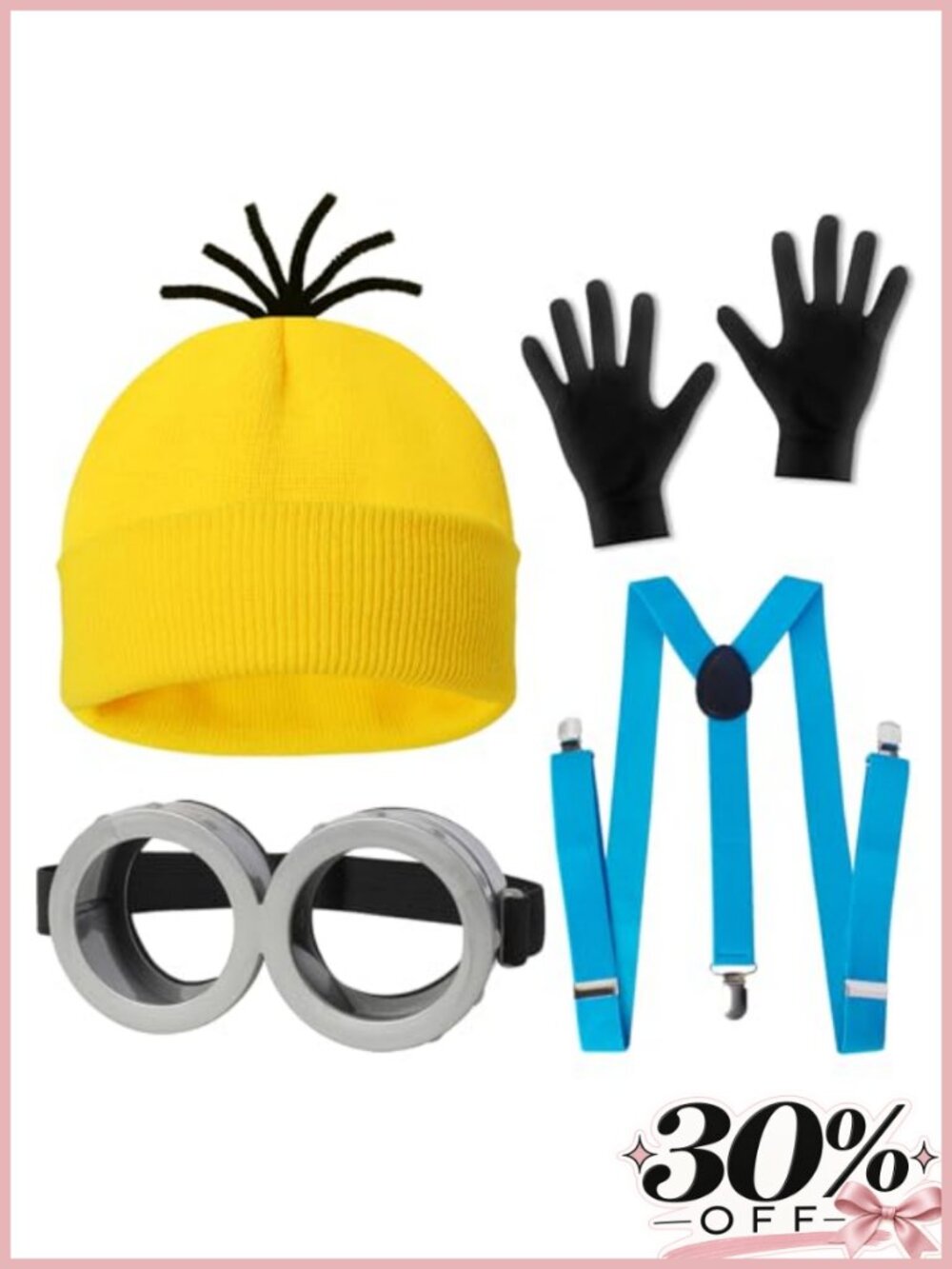 4 Pc Halloween Costume Set for Adults Yellow Beanie Goggles Gloves Suspenders